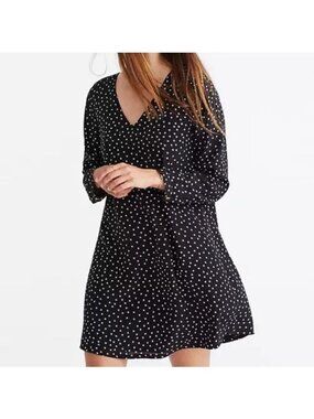 Madewell Black Star Scatter Silk V-Neck Button-Back Long Sleeve Dress Size Large